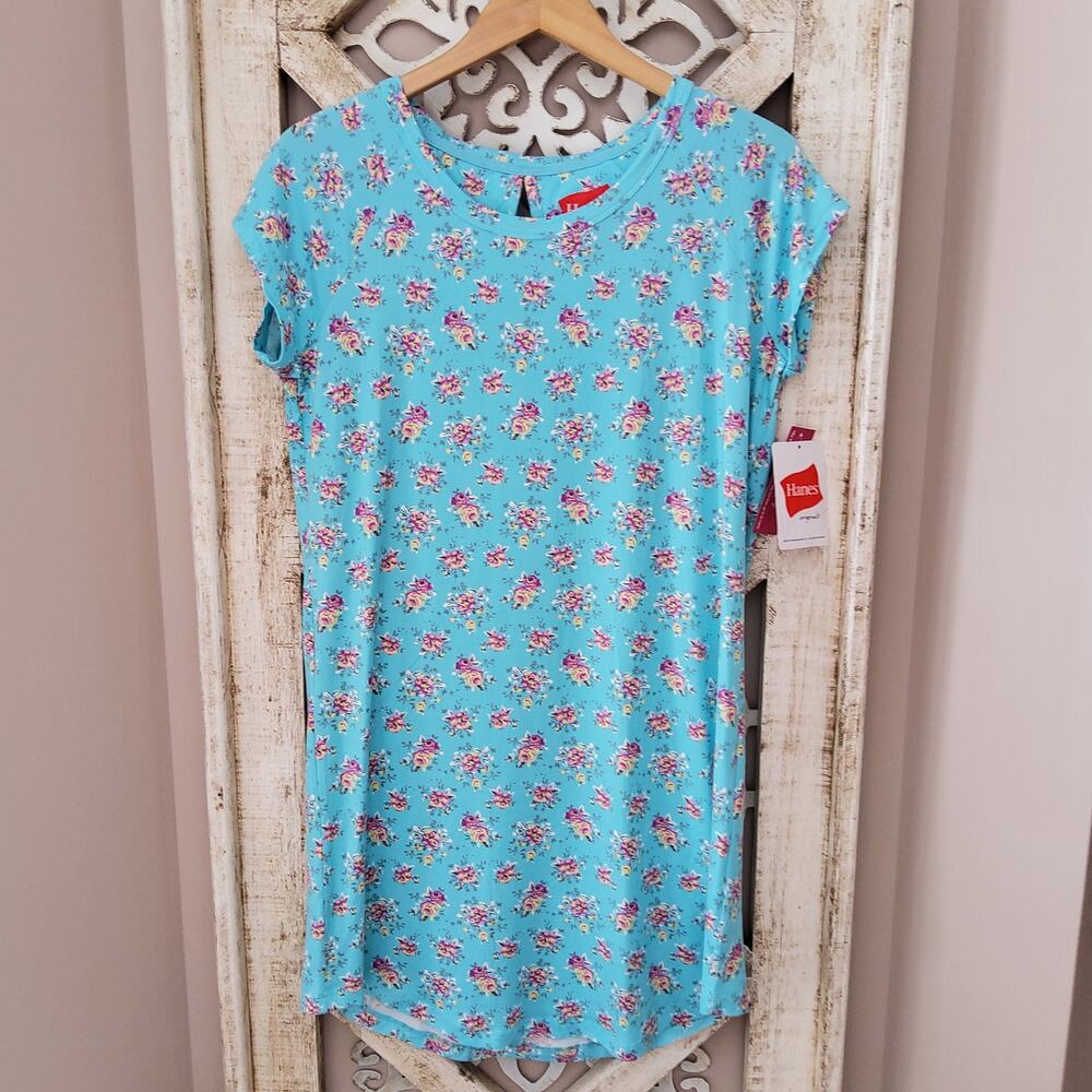 Hanes Cottagecore Fairycore Sleep Shirt Aqua Floral Nightgown Dress Size Small